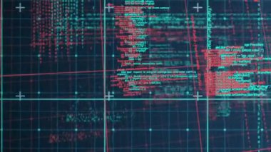 Siyah arkaplanda veri işleme animasyonu. Teknoloji, bilgisayar ve dijital arayüz kavramı dijital olarak oluşturuldu.