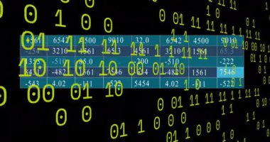 Siyah arkaplana karşı istatistiksel veri işleme üzerine ikili kodlama animasyonu. Bilgisayar arayüzü ve iş veri teknolojisi kavramı