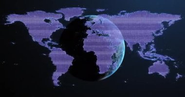 Dünya haritasının animasyonu. Küresel iş, bulut hesaplama, dijital arayüz ve veri işleme kavramı dijital olarak oluşturuldu.