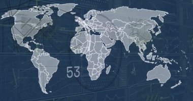 Dünya haritası üzerinde istatistik ve finansal veri işleme animasyonları. Küresel iş, finans, hesaplama ve veri işleme kavramı dijital olarak oluşturulmuş video.