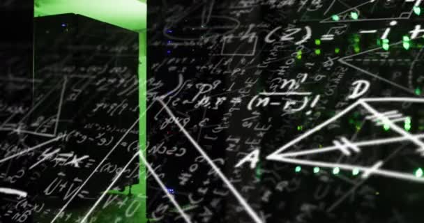 Animering Matematisk Ekvation Och Diagram Mot Upplysta Serverrack Serverrummet Digital — Stockvideo