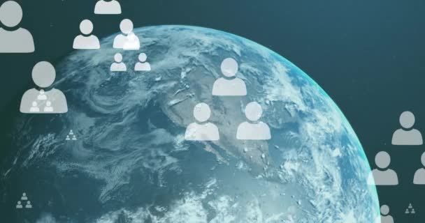 Animação Rede Ícones Pessoas Sobre Planeta Terra Conceito Global Processamento — Vídeo de Stock