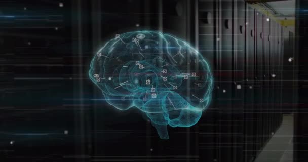 Animación Visores Alrededor Del Cerebro Humano Digital Iluminado Sobre Sala — Vídeo de stock