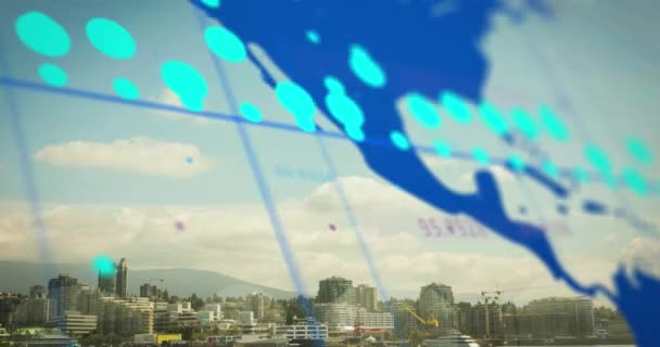 Animatie Van Gegevensverwerking Wereldkaart Rasternetwerk Tegen Luchtbeeld Van Stadsgezicht Computerinterface — Stockvideo
