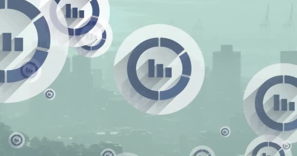 Animation Multiple Bar Graph Icons Floating Aerial View Cityscape Global — Stock Video