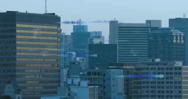 Animace Zpracování Dat Skenování Rozsahu Nad Městskou Krajinou Globální Obchod — Stock video