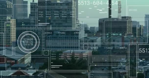Animacja Interfejsu Przetwarzaniem Danych Widok Powietrza Wysokich Budynków Interfejs Komputerowy — Wideo stockowe