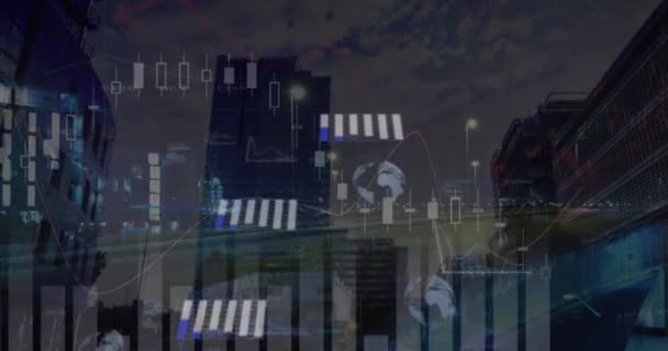 Animacja Wykresów Globusów Języka Komputerowego Upływem Czasu Pojazdów Przeciwko Budynkom — Wideo stockowe