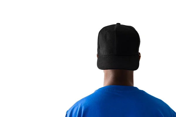 Afrikai Amerikai Férfi Kék Pólóban Fekete Sapkában Fehér Háttérrel Ruhák — Stock Fotó