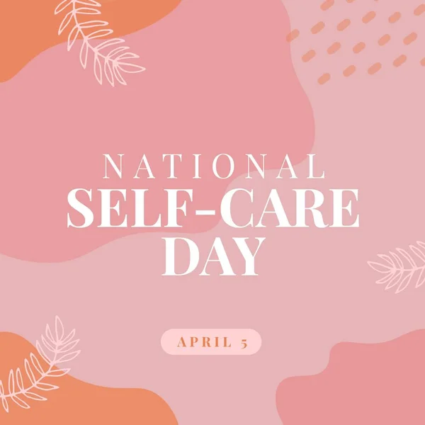 Composition of national self-care day text with shapes on pink background. National self-care day concept digitally generated image.