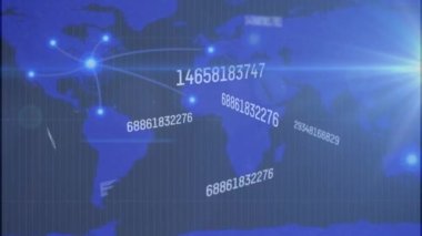 Soyut arkaplana karşı harita üzerinden bağlı noktalar üzerinden numaraları değiştirme animasyonu. Dijital olarak üretilmiş, hologram, illüstrasyon, aydınlanma, iletişim, küresel ve teknoloji kavramı.