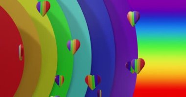 Gökkuşağı arka planında gökkuşağı kalplerinin animasyonu. Gurur ayı, lgbtq, insan hakları ve eşitlik kavramı dijital olarak oluşturulmuş video.