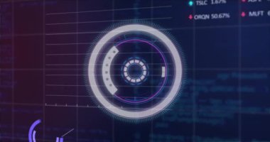 İstatistiksel ve borsa veri işleme üzerinde dönen neon yuvarlak tarayıcının animasyonu. Küresel ekonomi ve iş veri teknolojisi kavramı