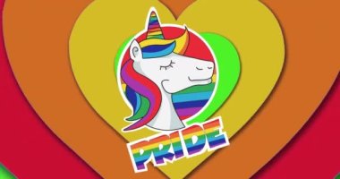 Tek boynuzlu at ve gökkuşağı kalp geçmişi üzerine gurur metninin animasyonu. Gurur ayı, lgbtq, insan hakları ve eşitlik kavramı dijital olarak oluşturulmuş video.