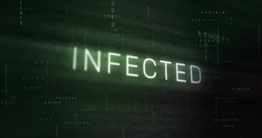 Siyah arkaplandaki şekiller üzerinde virüslü metin ve ikili kodlama animasyonu. Küresel güvenlik ve dijital arayüz kavramı dijital olarak oluşturulmuş video.