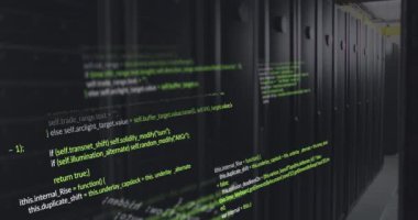 Animation of data processing against computer server room. Computer interface and business data storage technology concept