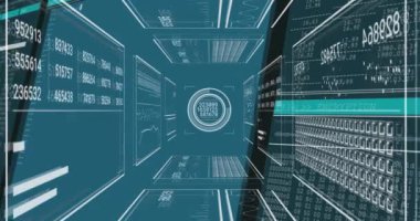 Veri işleme animasyonu ve siyah arkaplan üzerindeki grafikler. Küresel iş ve dijital arayüz kavramı dijital olarak oluşturulmuş video.