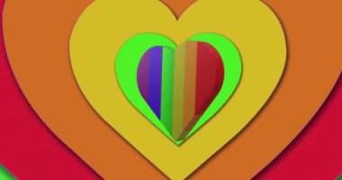 Gökkuşağı arka planında gökkuşağı kalbinin animasyonu. Gurur ayı, lgbtq, insan hakları ve eşitlik kavramı dijital olarak oluşturulmuş video.