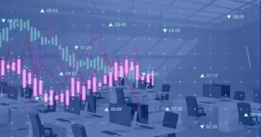 Ofisteki boş sandalyeler ve masaüstü üzerinde numaralarını değiştiren birden fazla grafik animasyonu. Dijital bileşik, çoklu pozlama, rapor, iş, büyüme, ilerleme ve teknoloji kavramı.