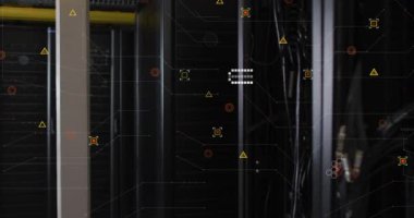 Animation of data processing against computer server room. Computer interface and business data storage technology concept