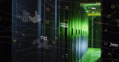 Animation of data processing against computer server room. Computer interface and business data storage technology concept