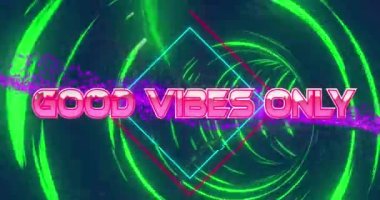 İyi titreşimlerin animasyonu sadece eşkenar dörtgenler üzerinden birbirine bağlı noktalar ve dairesel tünellere karşı yazılır. Dijital olarak üretilmiş, hologram, illüstrasyon, pozitiflik, duygu, gelecek, veri ve teknoloji konsepti.