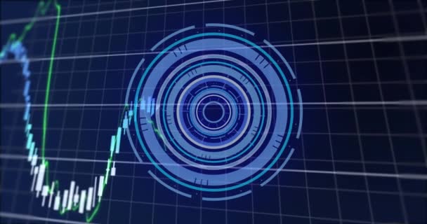 青色の背景を背景に財務データ処理に回転するネオンラウンドスキャナーのアニメーション グローバルな金融 ビジネス界面技術の概念 — ストック動画