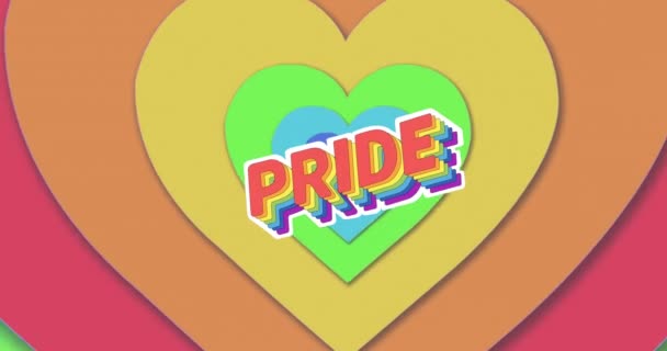 Animação Texto Orgulho Sobre Fundo Corações Arco Íris Mês Orgulho — Vídeo de Stock