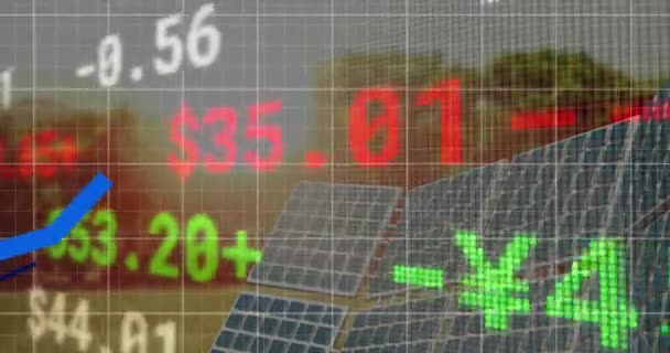 Animation Graphs Solar Panels Trading Board Sun Trees Background Digital — Stock Video
