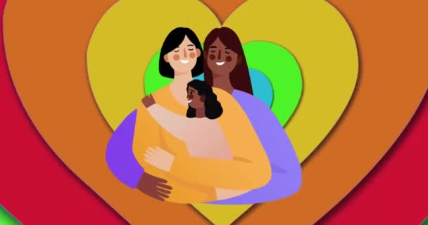 Animación Pareja Femenina Gay Con Hija Sobre Fondo Del Corazón — Vídeo de stock