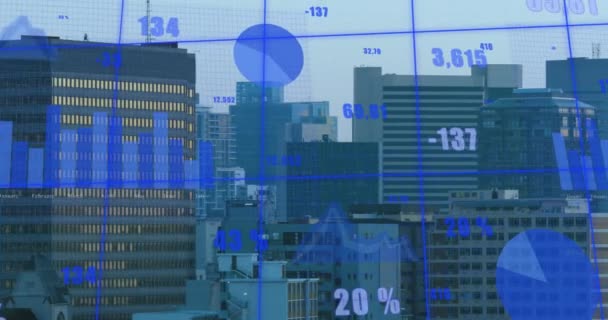 Animation Changing Numbers Graphs Aerial View Modern Buildings Background Digital — Stock Video