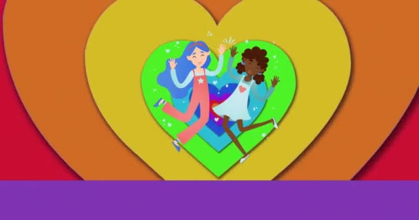 虹色のハートの背景にゲイの女性カップルのアニメーション プライド月 Lgbtq 人権と平等の概念デジタル生成されたビデオ — ストック動画