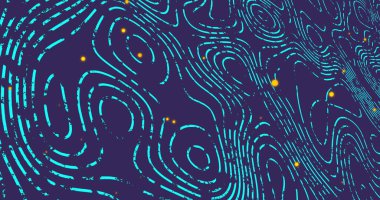 Beyaz şekiller ve mavi arkaplanda sarı noktalar. Soyut arkaplan ve şablon kavramı dijital olarak oluşturuldu.