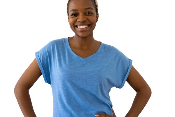 Porträtt Afrikansk Amerikansk Kvinna Bär Blå Shirt Med Kopieringsutrymme Vit — Stockfoto