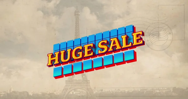Image of huge sale text over postcard and cityscape with eiffel tower. Social media and landmark concept digitally generated image.