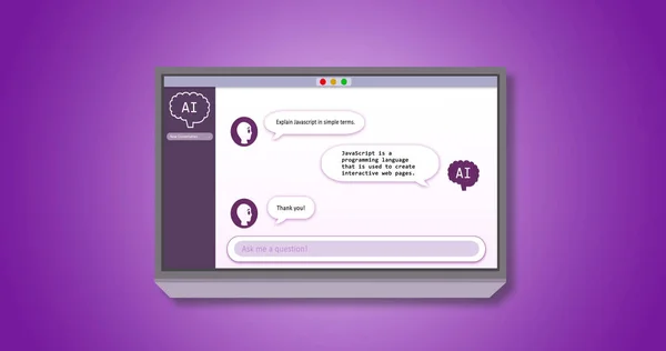 在紫色背景下与Ai聊天的数字屏幕图像 通信技术和数字接口概念数字生成的图像 — 图库照片