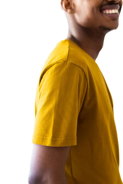 Αφροαμερικάνος Που Φοράει Κίτρινο Μπλουζάκι Αντίγραφο Χώρου Λευκό Φόντο Ρούχα — Φωτογραφία Αρχείου