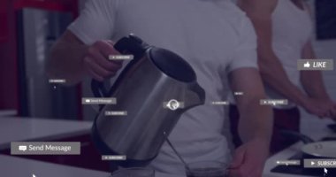 Kafkas erkeklerinin kahve doldurması üzerine medya simgelerinin canlandırılması. Sosyal medya ve dijital arayüz konsepti dijital olarak oluşturulmuş video.