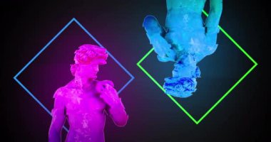 Siyah arkaplanda neon kareler üzerinde hareket eden antik heykel büstlerinin animasyonu. Sanat, antika, desen ve renk konsepti dijital olarak oluşturulmuş video.