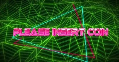 Lütfen üçgen üzerine bozuk para metnini birbirine bağlı çizgi biçimlerinin üzerine yerleştirin. Dijital olarak üretilmiş, hologram, illüstrasyon, aydınlatılmış, oyun, video oyunu ve teknoloji konsepti.