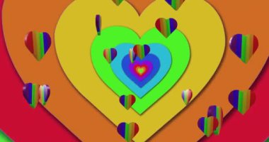 Gökkuşağı arka planında gökkuşağı kalplerinin animasyonu. Gurur ayı, lgbtq, insan hakları ve eşitlik kavramı dijital olarak oluşturulmuş video.