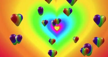 Gökkuşağı arka planında gökkuşağı kalplerinin animasyonu. Gurur ayı, lgbtq, insan hakları ve eşitlik kavramı dijital olarak oluşturulmuş video.