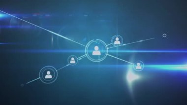 Profil simgelerinin ve mavi arkaplandaki mavi ışık izlerinin animasyonu. Küresel ağ ve iş teknolojisi kavramı