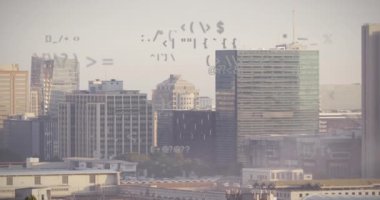 Animation of data processing over cityscape. Global business, finances, computing and data processing concept digitally generated video.