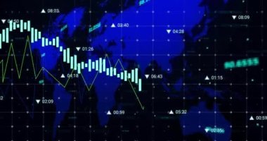 Siyah arkaplana karşı harita üzerinde değişen sayılarla birden fazla grafiğin animasyonu. Dijital olarak üretilen hologram, illüstrasyon, rapor, iş dünyası, büyüme, rakamlar, soyut ve küresel kavram.