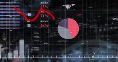 Düşük açı görüşlü aydınlık binalara karşı çoklu grafik arayüzü üzerinde animasyon. Dijital bileşik, çoklu pozlama, rapor, iş, büyüme, ilerleme ve mimari kavram.