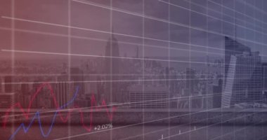 Animation of financial data processing over cityscape. Global business, finances, computing and data processing concept digitally generated video.
