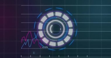 Mavi zemin üzerinde istatistiksel veri işleme üzerinde dönen neon yuvarlak tarayıcının animasyonu. Bilgisayar arayüzü ve iş veri teknolojisi kavramı