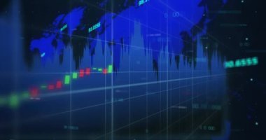 Siyah arkaplan üzerinde numaralar olan çok renkli grafiklerin animasyonu. Dijital olarak üretilen hologram, illüstrasyon, rapor, iş dünyası, rakamlar, soyut, küresel ve teknoloji kavramı.