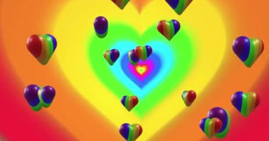 Gökkuşağı arka planında gökkuşağı kalplerinin animasyonu. Gurur ayı, lgbtq, insan hakları ve eşitlik kavramı dijital olarak oluşturulmuş video.